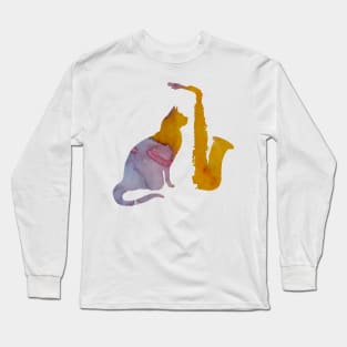 Cat And Saxophone Art Long Sleeve T-Shirt